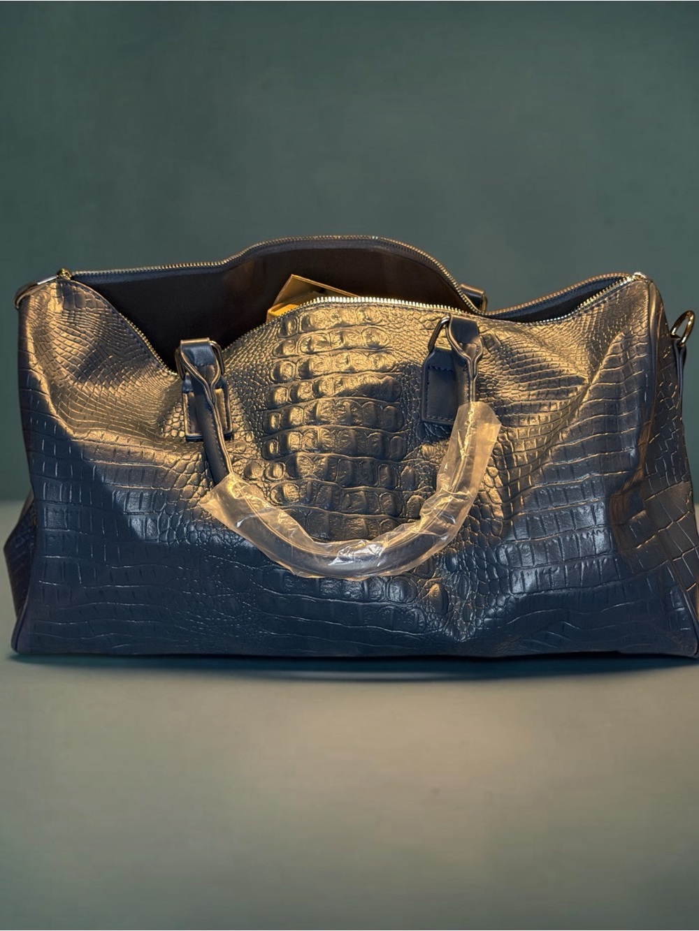 Privata Navy Croc-Embossed Weekender Bag